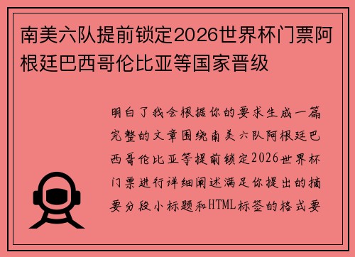 南美六队提前锁定2026世界杯门票阿根廷巴西哥伦比亚等国家晋级