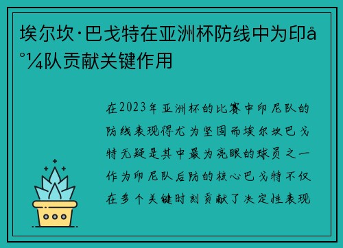 埃尔坎·巴戈特在亚洲杯防线中为印尼队贡献关键作用